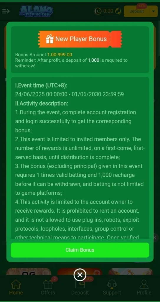 Alano Fishing Game Rewards for new players